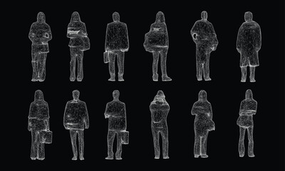 set of  people standing 3d wire frame. Vector Illustration
