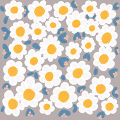 White flower pattern with blue leaf digital painting for paper, fabric or decorations