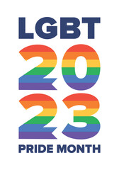 LGBT Pride Month in June. Lesbian Gay Bisexual Transgender. Celebrated annual. LGBT flag. Rainbow love concept. Human rights and tolerance. Poster, card, banner and background. Vector ilustration
