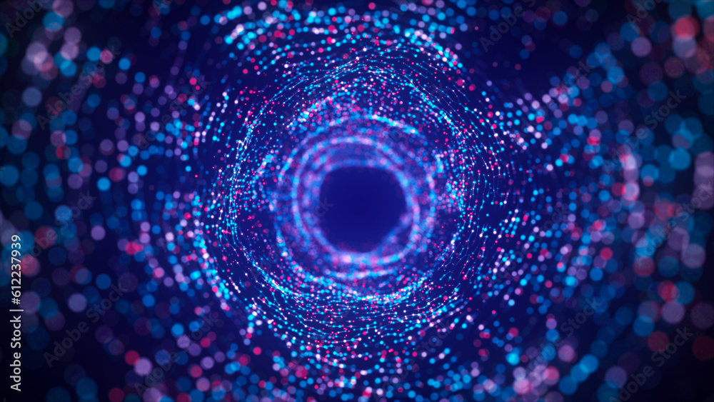 Poster Futuristic dynamic wireframe tunnel on blue background. Digital data flow. Progressive IT technologies. 3d rendering.