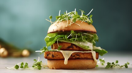 Vegan burger with tofu and microgreens. AI generation