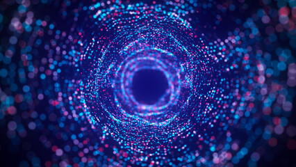 Futuristic dynamic wireframe tunnel on blue background. Digital data flow. Progressive IT technologies. 3d rendering.