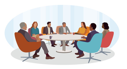 People of different ages sit and discuss on brightly colored chairs around a round table. Vector illustration.