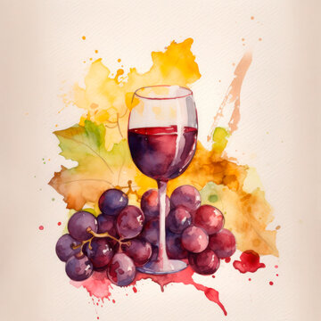 composition of a glass of wine and a grapevine, painted in watercolor. For wine or grape juice label. Vine painted in watercolor. For wine or grape juice label. Generative AI.