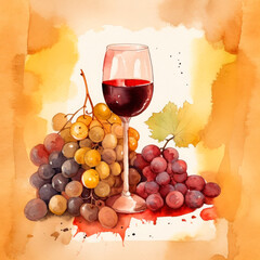 composition of a glass of wine and a grapevine, painted in watercolor. For wine or grape juice label. Generative AI.