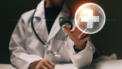 Medical technology concept. Doctor working with modern computer interface as medical network concept