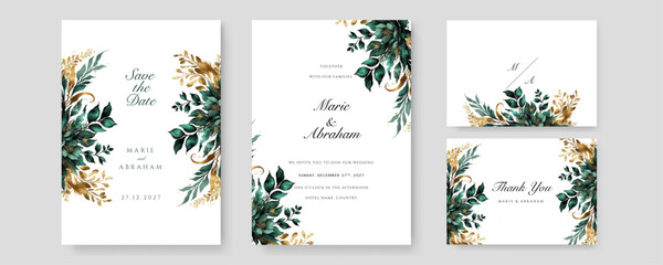 Wedding Invitation, floral invite thank you, rsvp modern card Design green tropical palm leaf greenery eucalyptus branches decorative wreath and frame pattern.