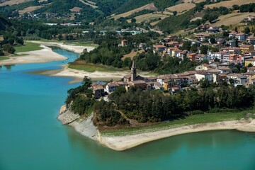 Landscape with lake in Sassocorvaro village, Marche region in central Italy