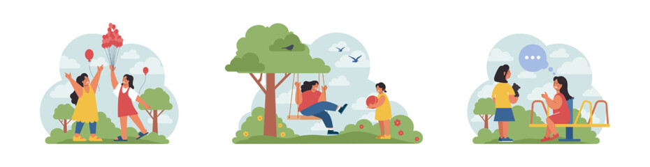 Children exploring nature on summer holidays set. Active outside