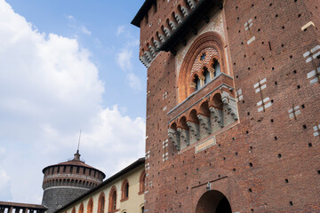 Details to the Sforzesco castle and its splendid medieval walls, Milan, Italy.