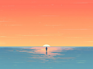 Sunset on beach loneliness illustration