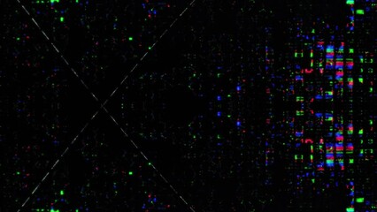 Glitch art. Digital fractal. Geometric design. Neon blue pink green color glowing liquid crystal pixel splash motion on dark black abstract background. - Powered by Adobe