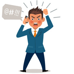 Angry man talking on the phone. Businessman shouting when talking on cellphone. Emoticon, emoji, facial expression
