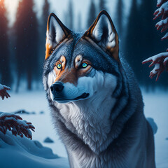 A majestic winter wolf with eyes of vibrant color, standing in a 4K cinematic winter wonderland.