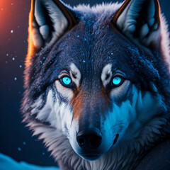 A majestic winter wolf with piercingly vibrant colored eyes, illuminated by a cinematic 4K backdrop.