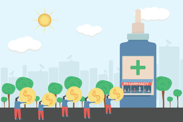 Obraz na płótnie Canvas Vector image drugstore Packer pill bottle form with peoples line. Facade of pharmacy store with clients in queue on sky background. Drugstore house with trees