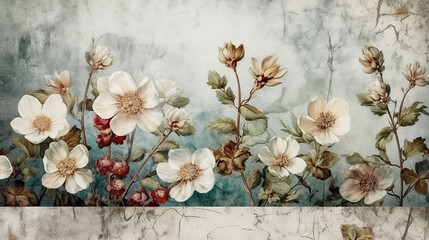 Flowers on the old white wall background, digital wall tiles or wallpaper design. Generative ai.