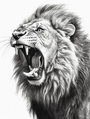 Roaring Lion in Black and White Illustration