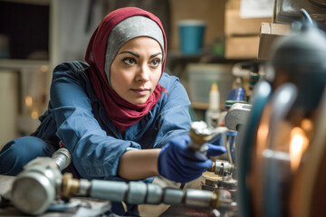 A young female muslim plumber working to fix a problem in a house. Generative AI.  - obrazy, fototapety, plakaty