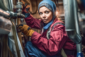 Fototapeta na wymiar A young female muslim plumber working to fix a problem in a house. Generative AI. 
