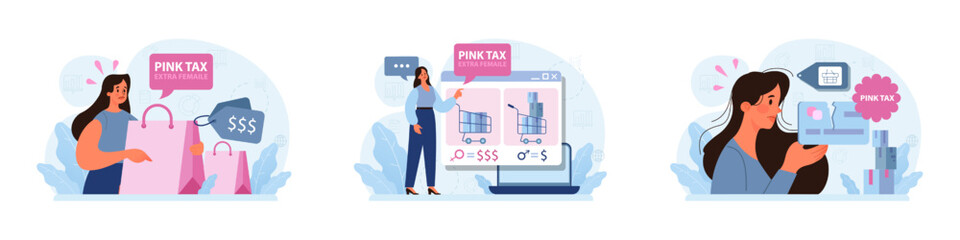 Fototapeta na wymiar Pink tax concept set. Gender based price discrimination. Higher price