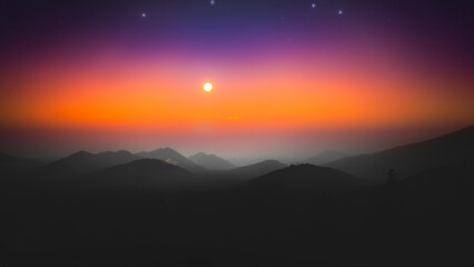 Colorful Otherworldly Sunset with Small Spacecraft on Hill in Distance