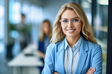 photo business woman posing in suit at office