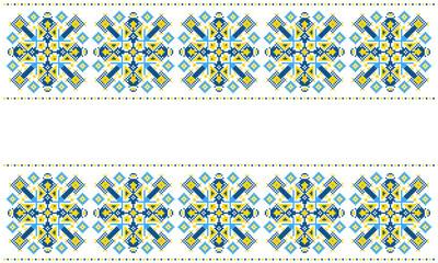 Embroidered Ukrainian ornament in national colors on a white background. Ukrainian flag. Ukrainian embroidery. Geometric patterns on a white background.  handmade cross-stitch, Vyshyvanka