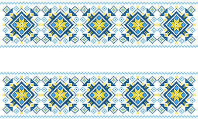 Embroidered Ukrainian ornament in national colors on a white background. Ukrainian flag. Ukrainian embroidery. Geometric patterns on a white background.  handmade cross-stitch, Vyshyvanka