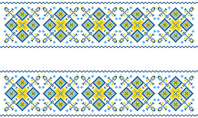 Embroidered Ukrainian ornament in national colors on a white background. Ukrainian flag. Ukrainian embroidery. Geometric patterns on a white background.  handmade cross-stitch, Vyshyvanka