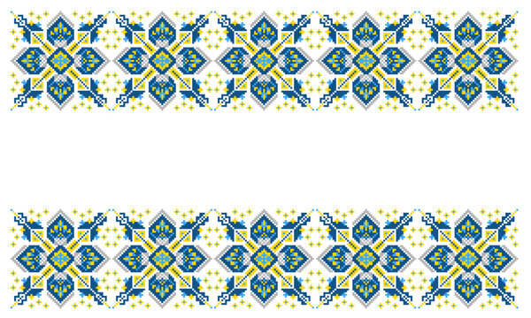 Embroidered Ukrainian ornament in national colors on a white background. Ukrainian flag. Ukrainian embroidery. Geometric patterns on a white background.  handmade cross-stitch, Vyshyvanka