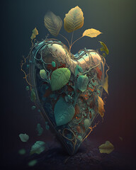 Illustration of stylized human heart made of plants and trees. Generative ai