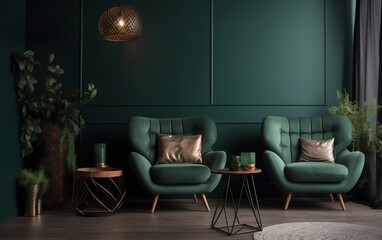 Bright and Cozy Modern Living Room Interior with Green Accents. Generative AI