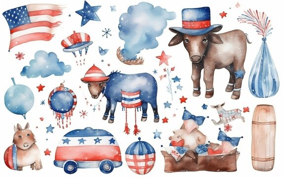 Charming Watercolor 4th of July Parade on a White Background. Generative AI