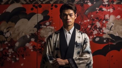 Fototapeta na wymiar Stylish Japanese Man with Rimpa Style Paintings as Background. Generative AI.