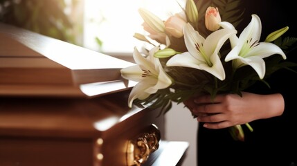 woman with lily flowers and coffin at funeral. Generative AI.