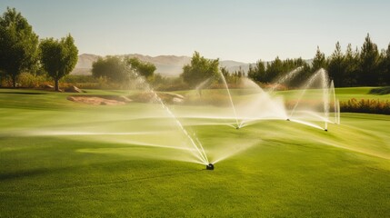 Irrigation System Sprinkler on Golf Course. Generative AI.	 - obrazy, fototapety, plakaty