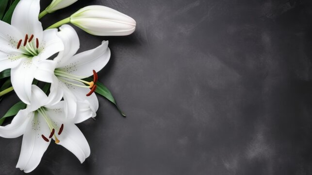Lily funeral flower on dark stone. Condolence card with copy space. Generative AI.