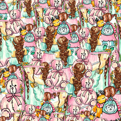 Watercolor illustration image of a girl and a teddy bear.