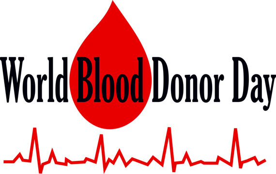 World Blood Donor day sign, vector drawing of a red blood droplet, a healthy heartbeat and a text