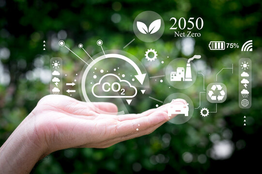 net zero emissions 2050 icon concept in hand for environmental policy animation concept illustration Green renewable energy technology for a clean future environment.