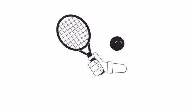 Animated bw tennis racket ball. Hand holding racquet. Tennis ball movement isolated 2D animation. Cartoon monochrome thin line hand 4K video footage, alpha channel transparency for web design