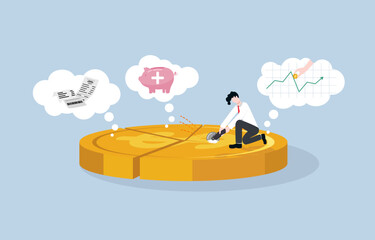 Asset management, financial planning for survival, budgeting for investment, emergency savings, expenses and debt concept. Businessman cutting dollar coin for parts following money plan.