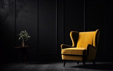 Yellow Armchair in a Dark Room with a Black Wall Background. Generative AI