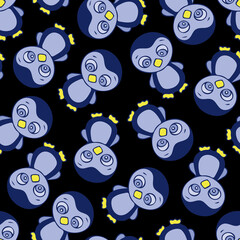 Cute Flightless Birds Seamless Pattern. Hand Drawn Digital Paper with Blue Penguins Illustration. Wallpaper with Cute Penguin on Black Background.
