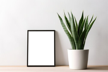 Blank Frame With Snake Plant In Pot. Empty Png Frame. Generative AI