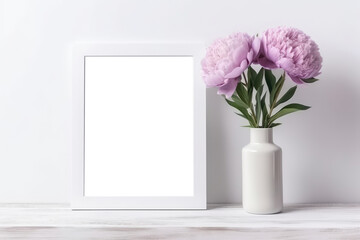 Blank Frame With Peonies In Vase. Empty Png Frame. Generative AI