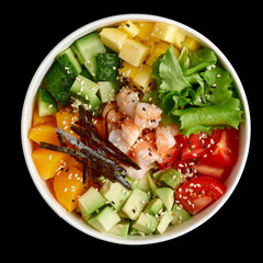 Poke bowl with shrimps, avocado. Traditional hawaiian meal. Top view flat lay