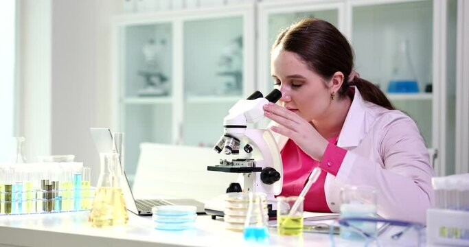 Scientist or student using laptop computer and microscope. Science and laboratory forensics and research