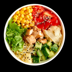 Top view of Chicken bowl isolated on black background. Ready square menu banner with text and copy...